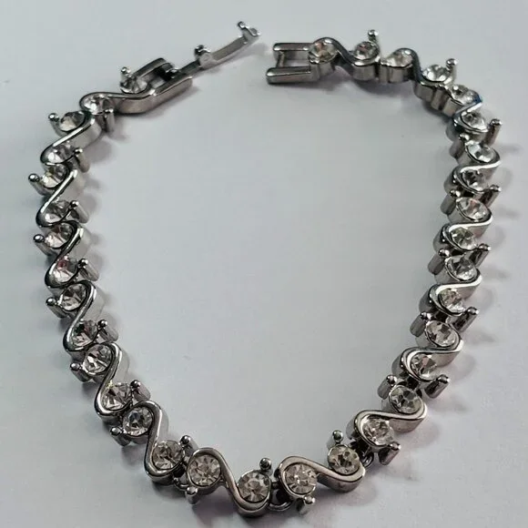 Silver Tone Clear Crystal S Wave Tennis Bracelet 7.5” - Picture 1 of 12